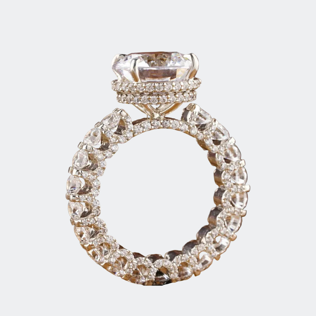 Round Lab Grown Diamond Halo Ring with Triple Row Pave Band | Platinum Christmas Gift For Her