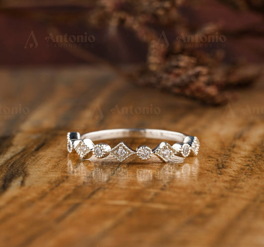 Round Diamond Half Eternity Art Deco Wedding Band