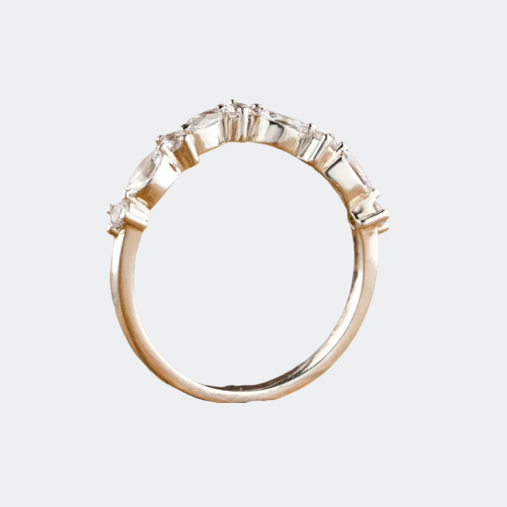 Curved Diamond Wedding Band | Marquise & Round | White Gold Stacking Ring