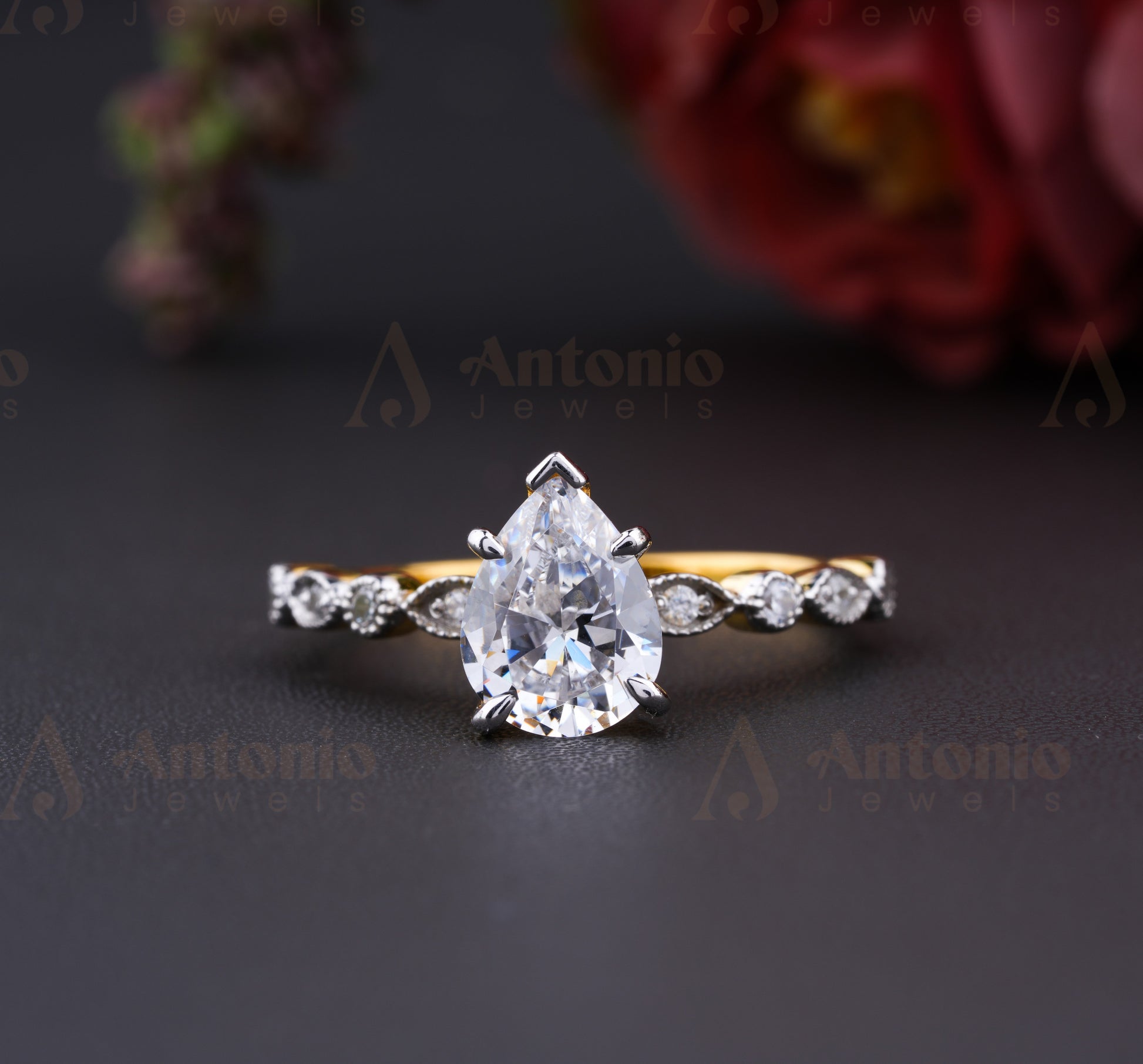 1Ct Pear Cut White Moissanite Women Ring in 5 Prong Set with 14K Yellow Gold