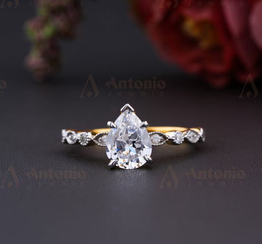 1Ct Pear Cut White Moissanite Women Ring in 5 Prong Set with 14K Yellow Gold