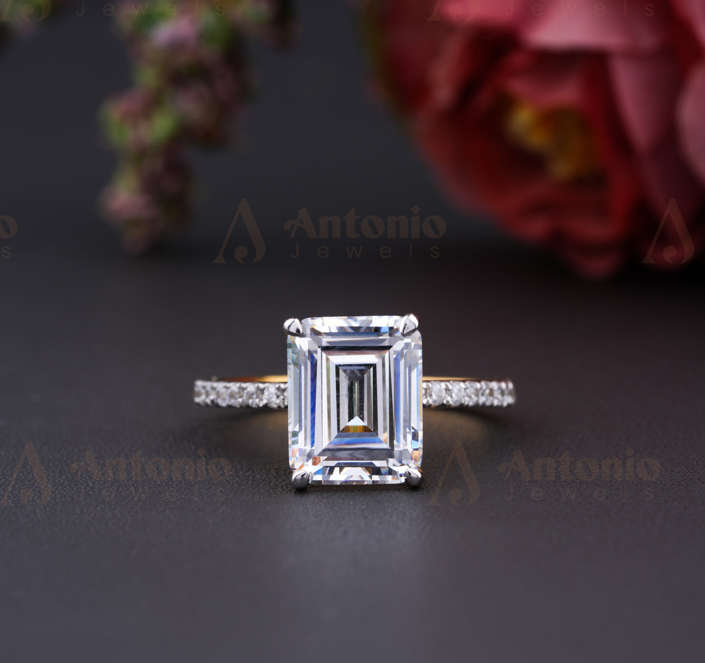 Emerald Cut Moissanite Engagement Ring With Halo Set
