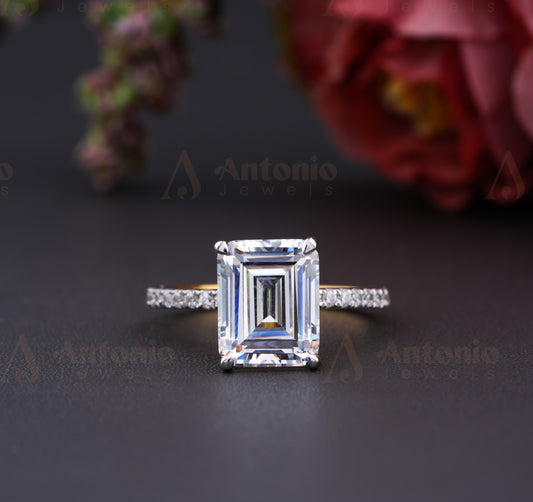 Emerald Cut Moissanite Engagement Ring With Halo Set