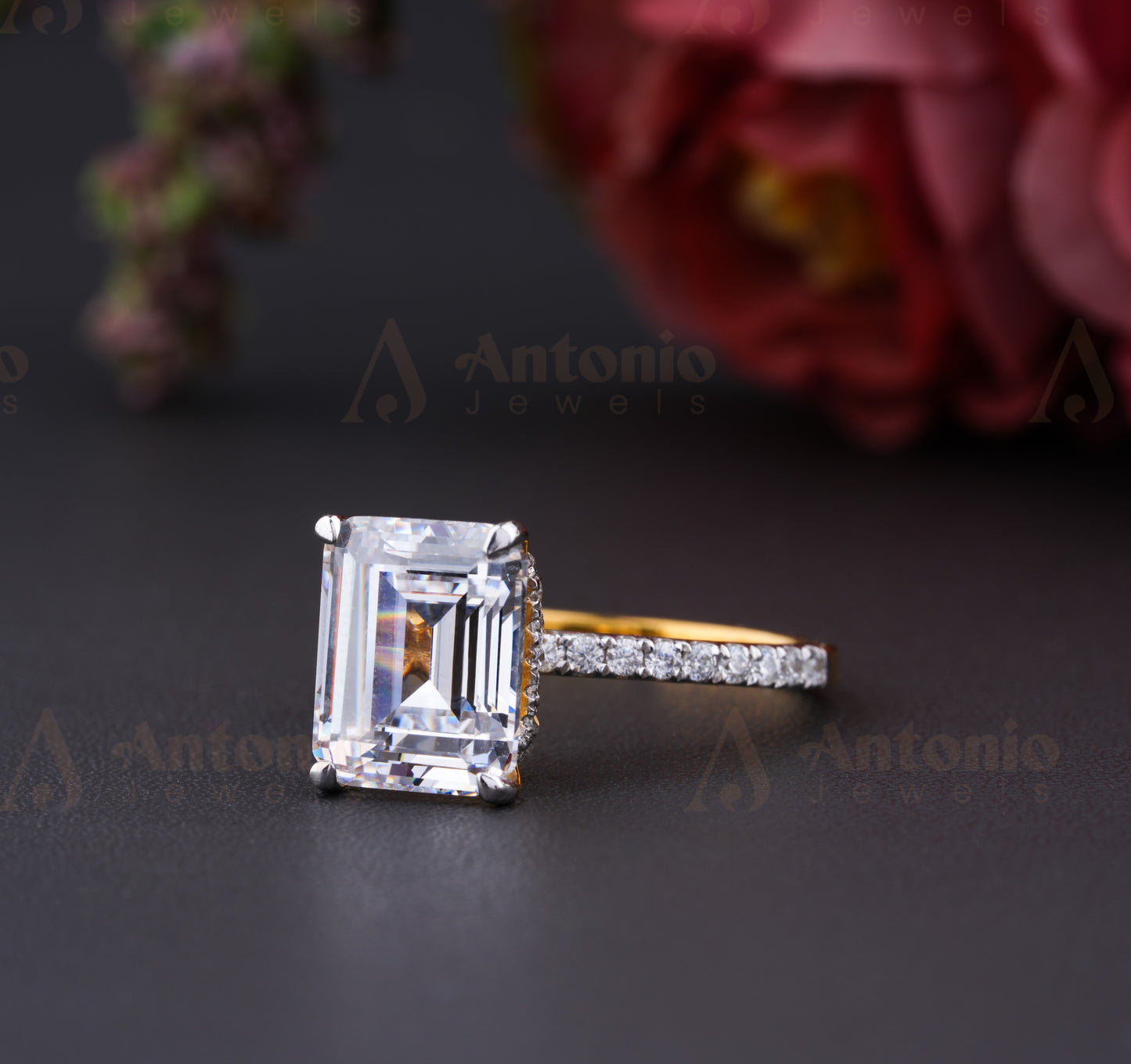 Emerald Cut Moissanite Engagement Ring With Halo Set