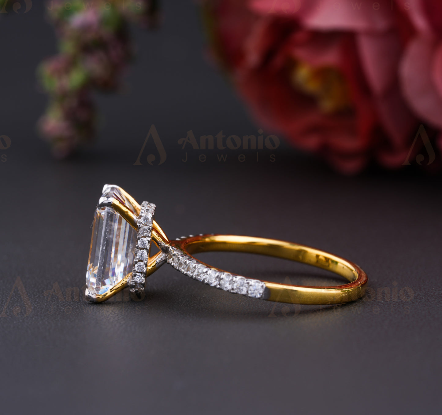 Emerald Cut Moissanite Engagement Ring With Halo Set