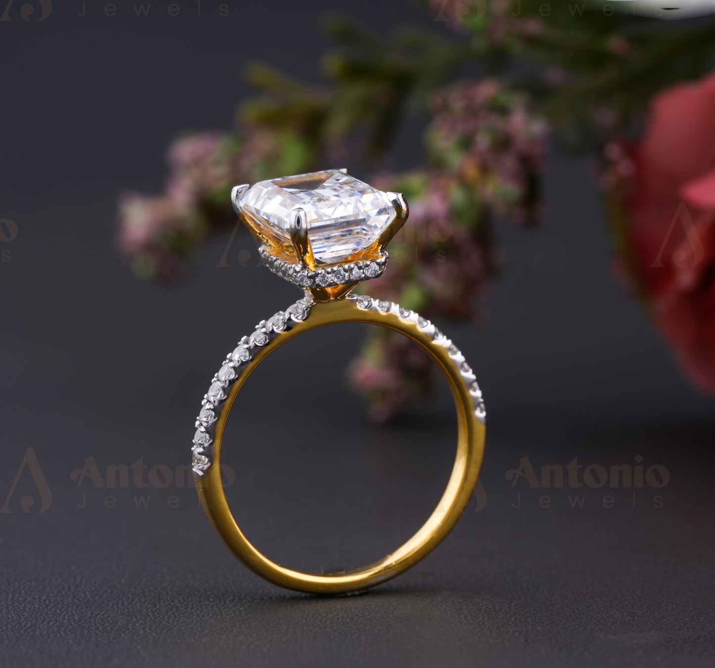 Emerald Cut Moissanite Engagement Ring With Halo Set