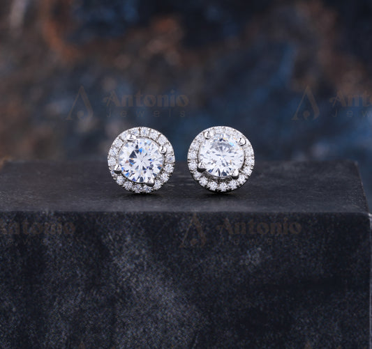 Halo Round Shaped Moissanite Stud Earrings