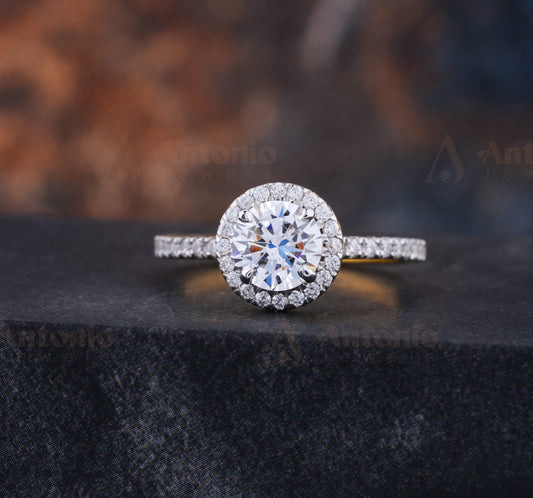 Half Eternity Halo Round Cut Moissanite Diamond Ring