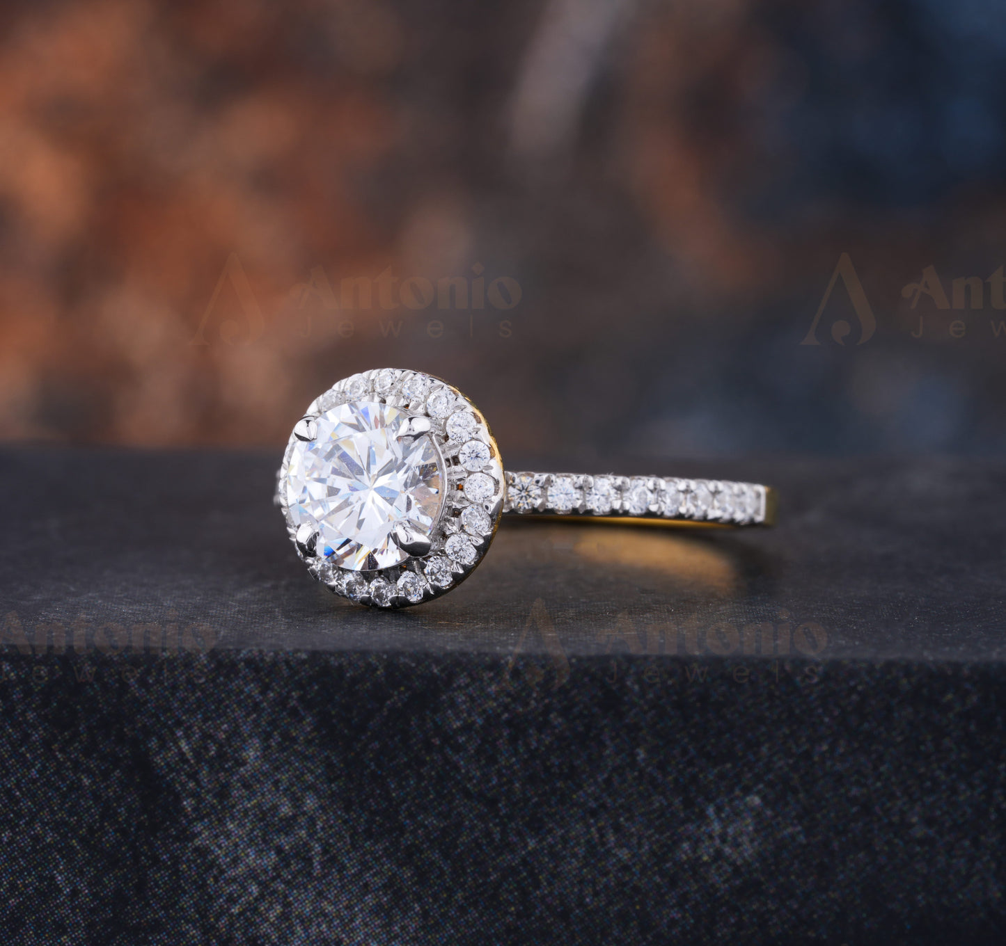 Half Eternity Halo Round Cut Moissanite Diamond Ring
