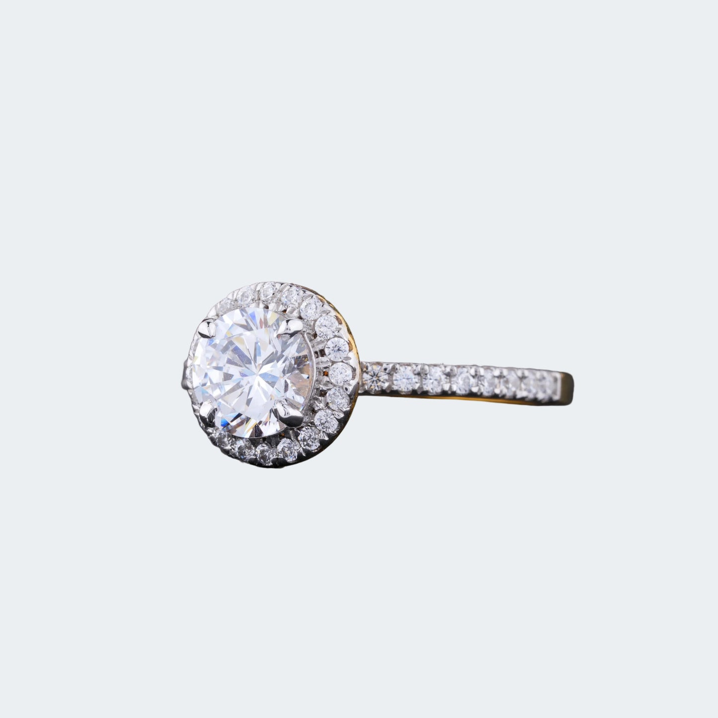Round Brilliant Moissanite Engagement Ring with Halo & Pave Band - Antonio Jewels