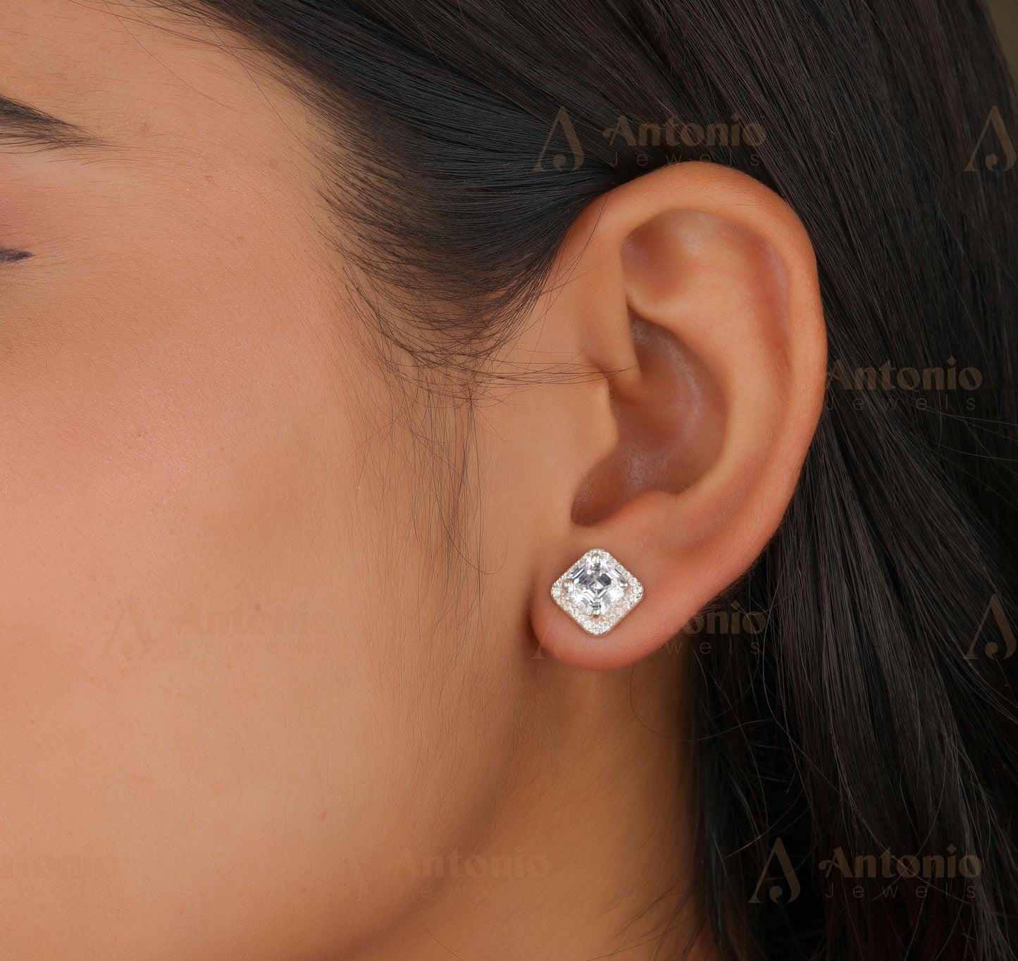 Halo Asscher Moissanite Stud Earrings