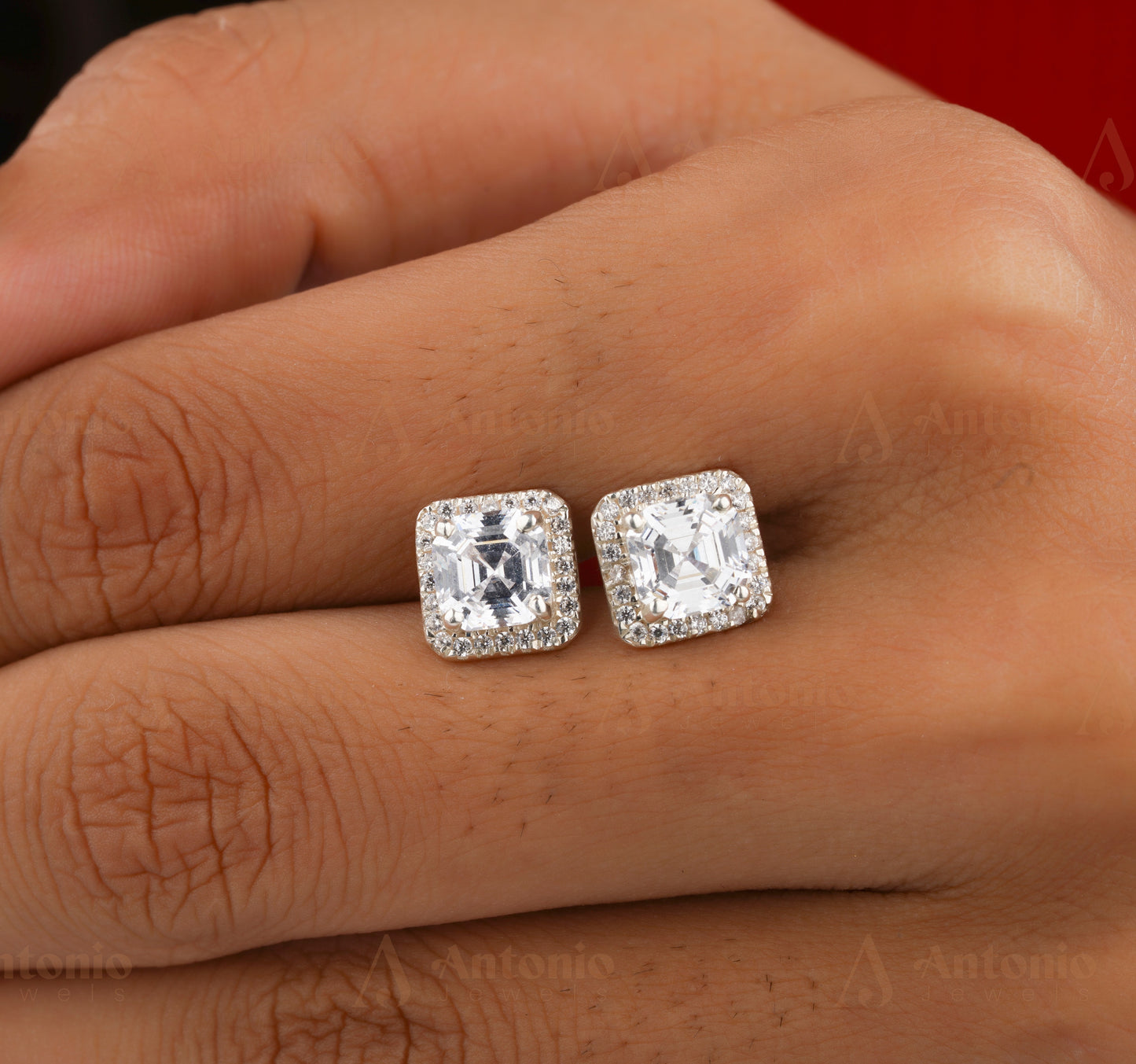 Halo Asscher Moissanite Stud Earrings