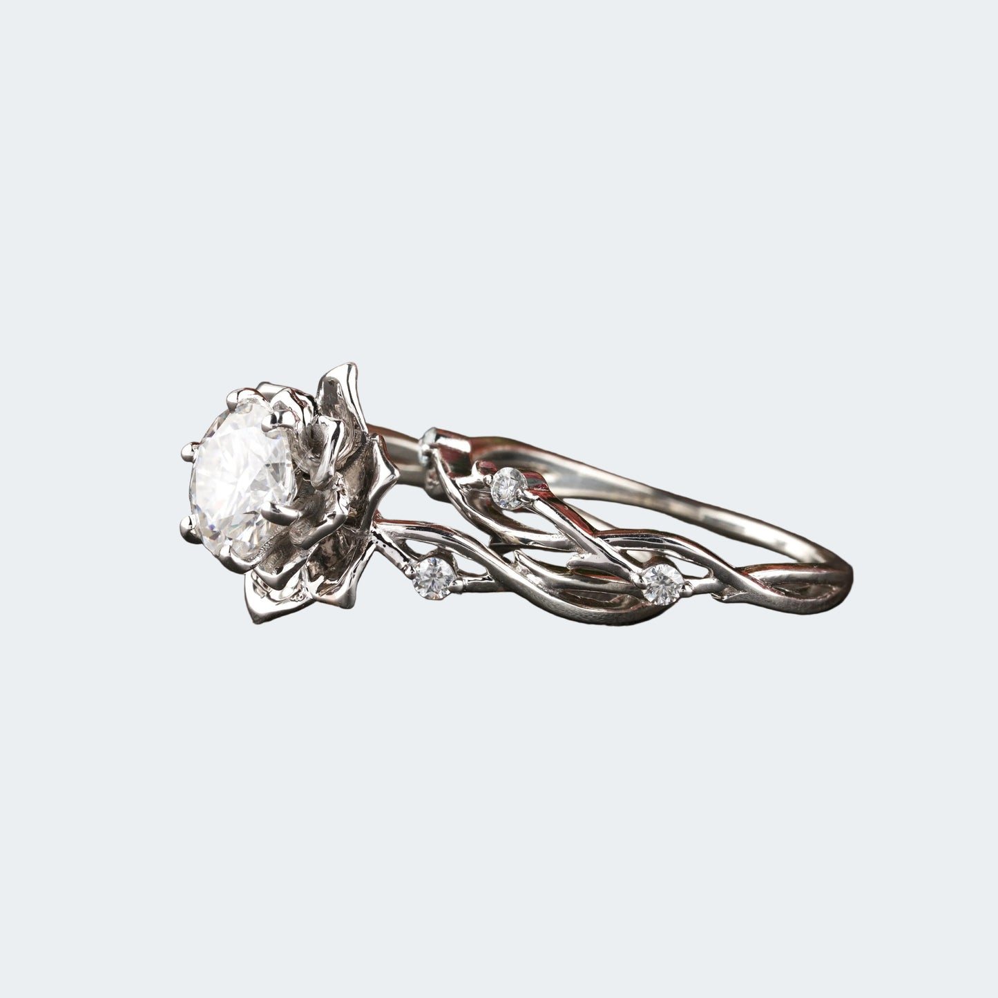 Lotus Flower Moissanite Engagement Ring with Vine Wedding Band