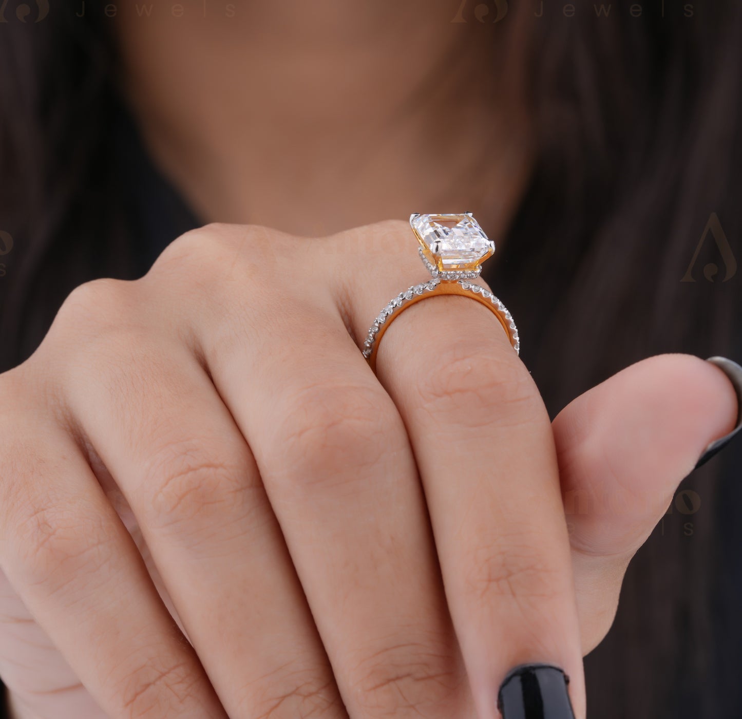 Emerald Cut Moissanite Engagement Ring With Halo Set
