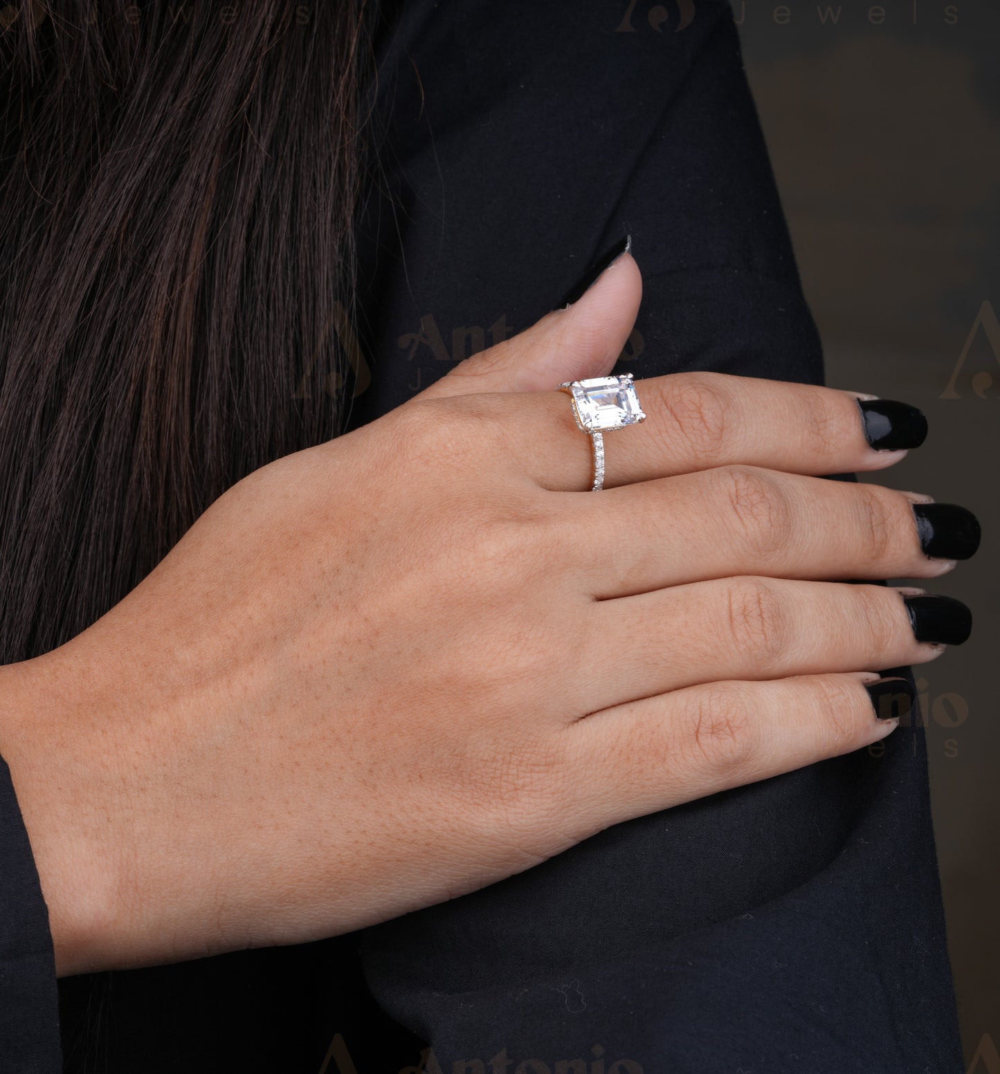 Emerald Cut Moissanite Engagement Ring With Halo Set