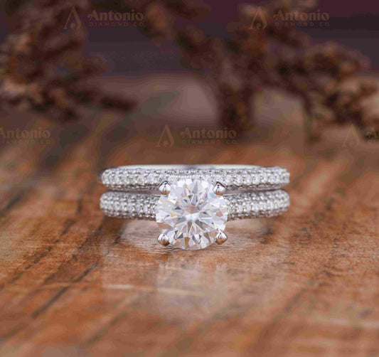 2 CT Round Solid Gold Lab Grown Diamond Engagement Ring Set
