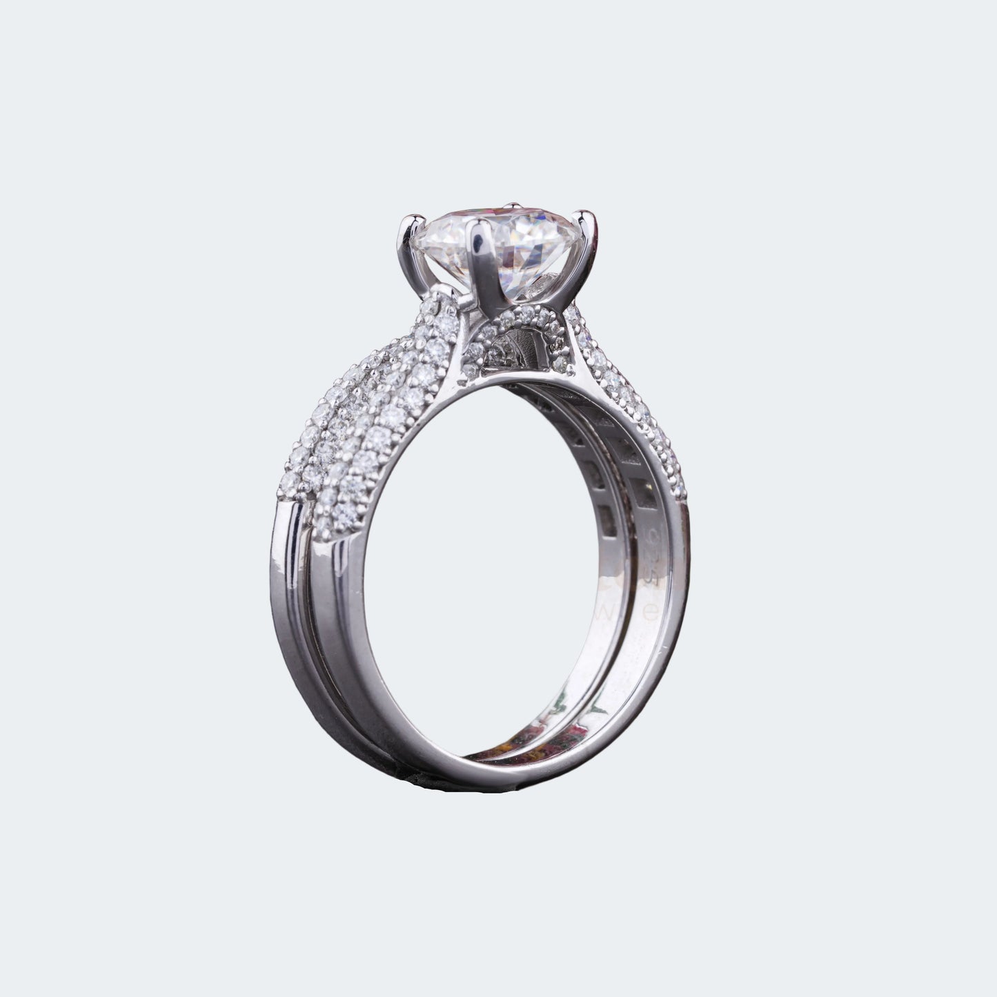 Round Moissanite Engagement Ring | Micro-Pave Moissanite Wedding Band | Silver Set