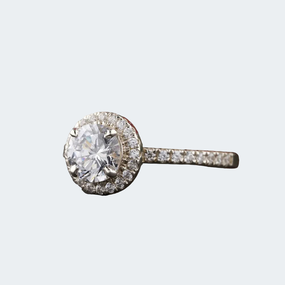 Round Moissanite Halo Engagement Ring | Pave Moissanite Band | Classic Sparkle