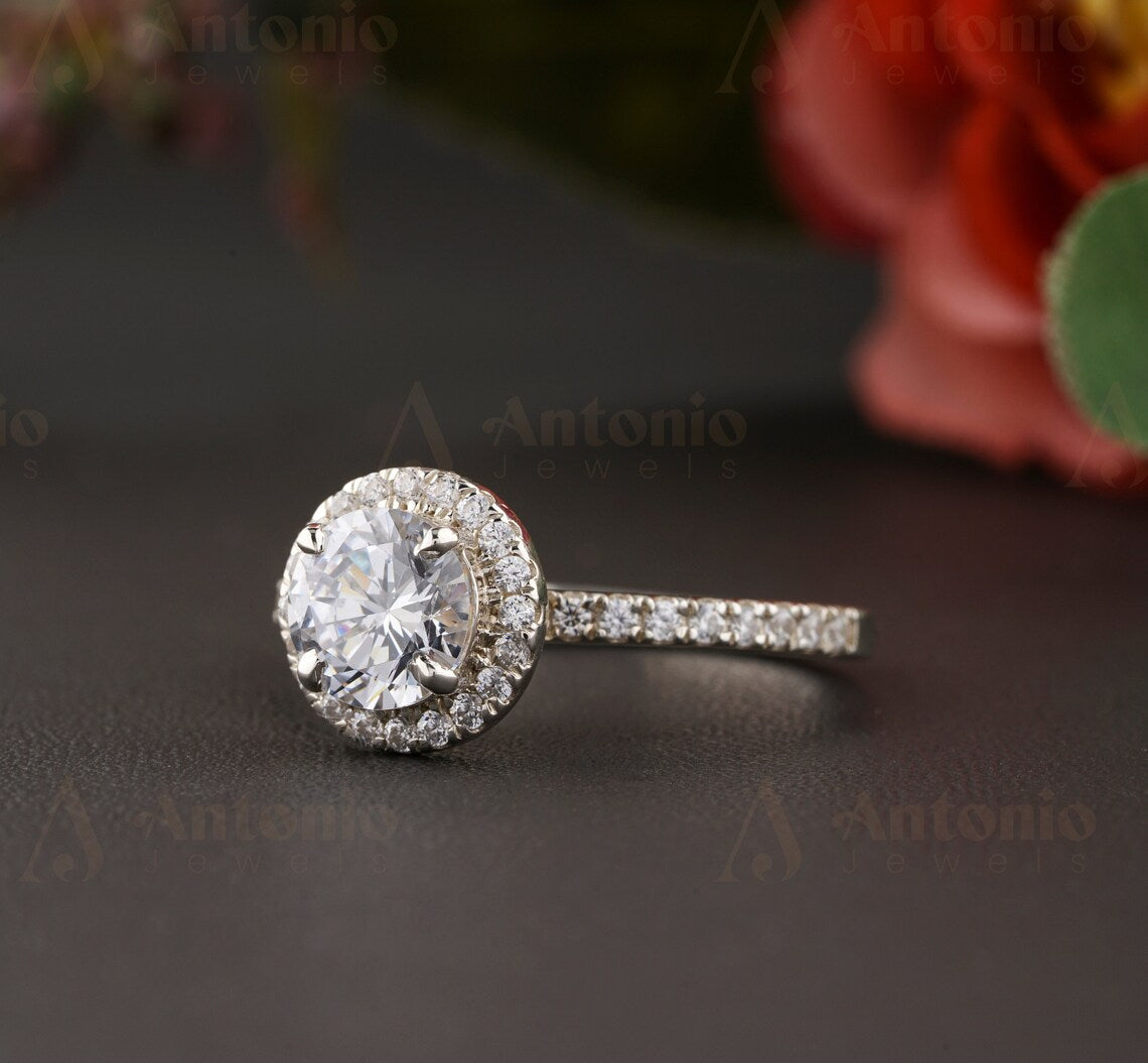 Half Eternity Halo Round Cut Moissanite Ring