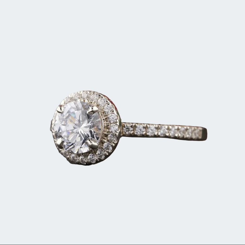 Round Cut Moissanite Halo Engagement Ring - Pave Band | Antonio Jewels