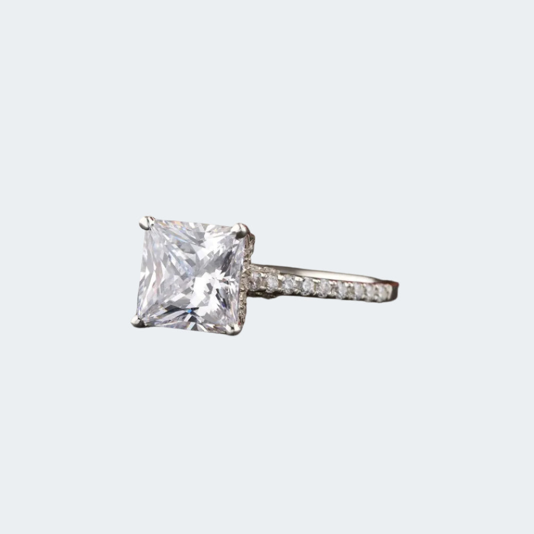Brilliant Princess Cut Moissanite Engagement Ring with Pave Band - Christmas Gift For Her