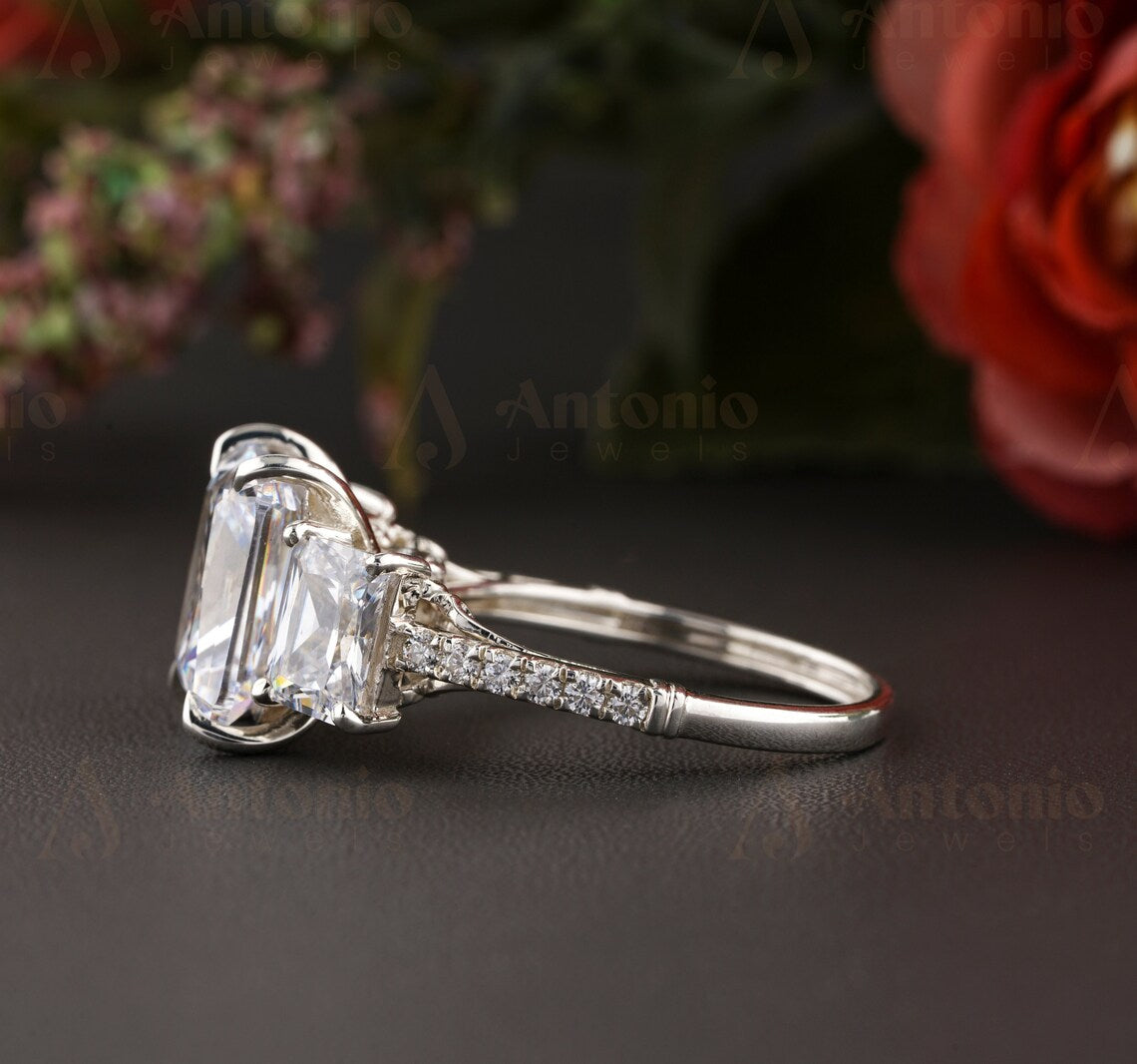 Three Stone Radiant Moissanite Engagement Ring