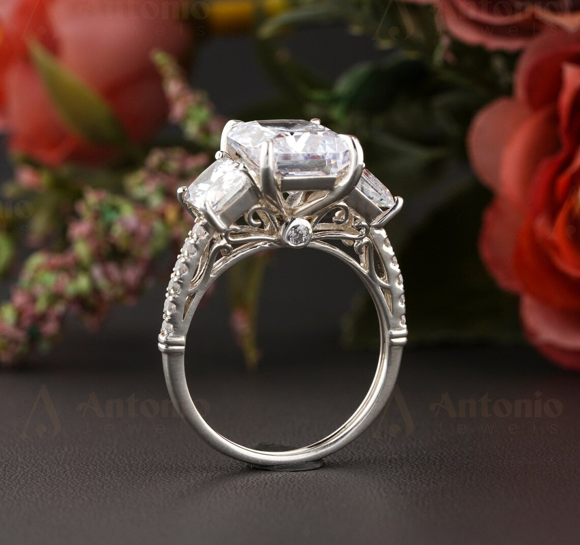 Three Stone Radiant Moissanite Engagement Ring