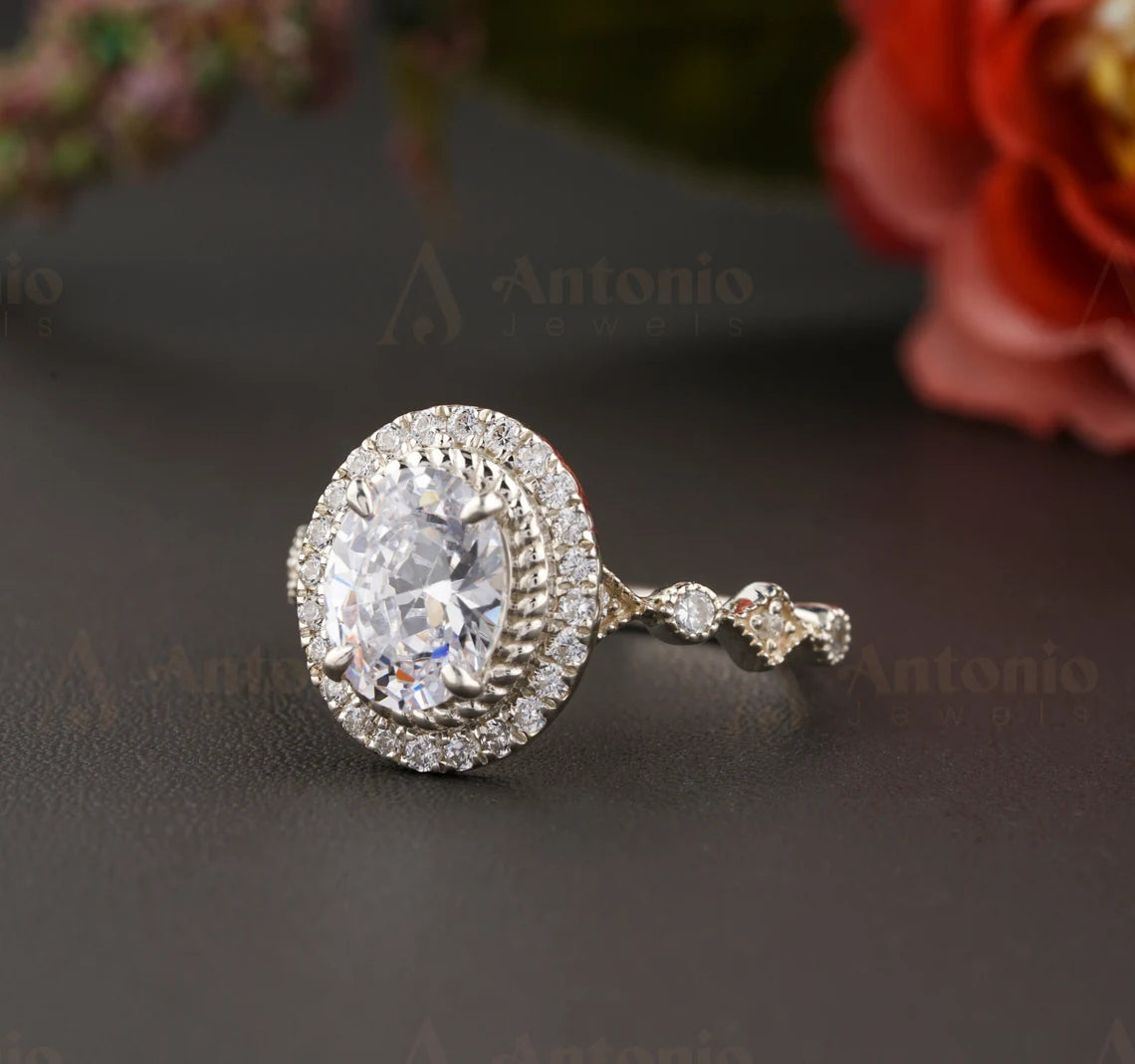 Unique Oval Halo Moissanite Ring