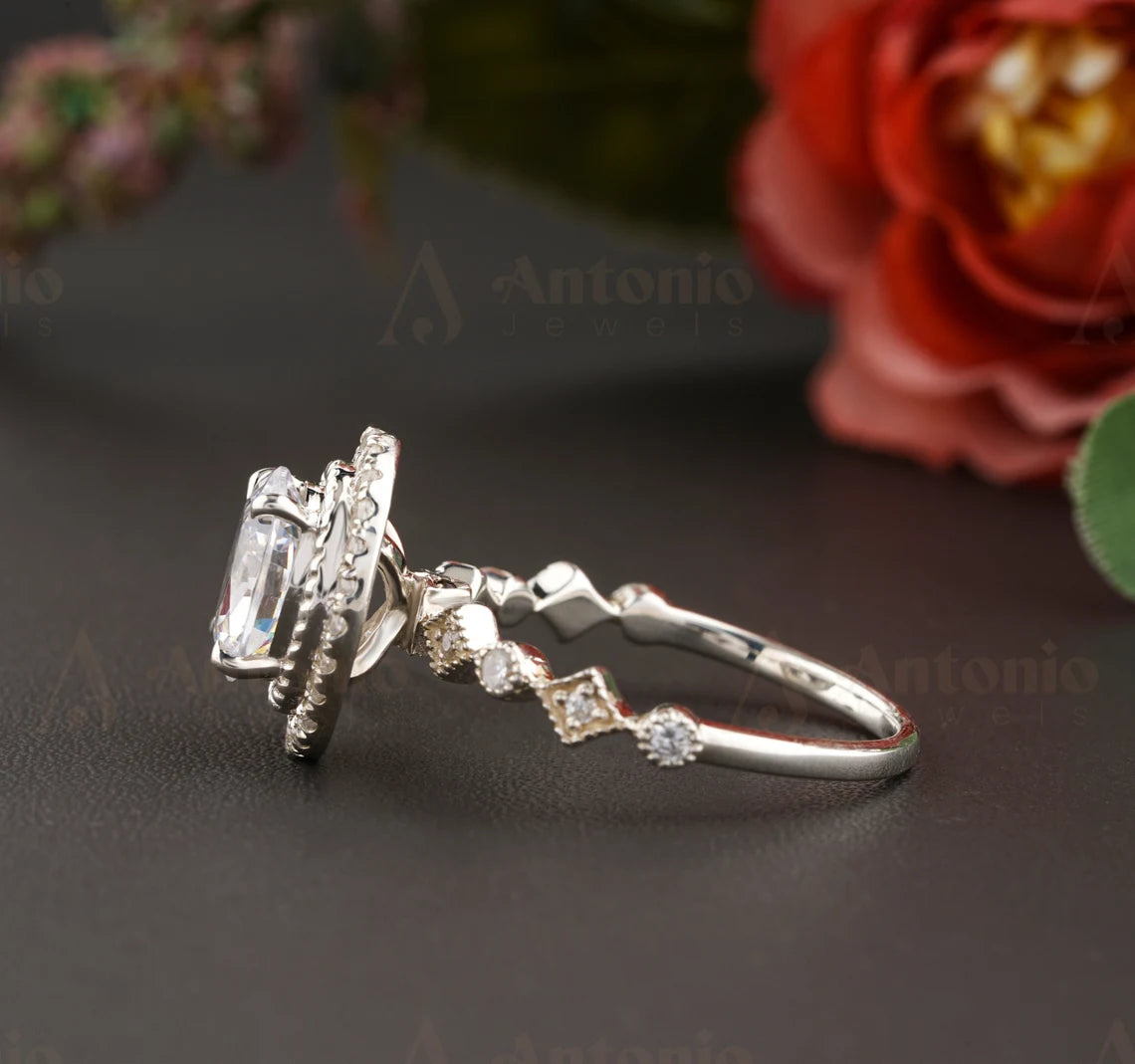Unique Oval Halo Moissanite Ring