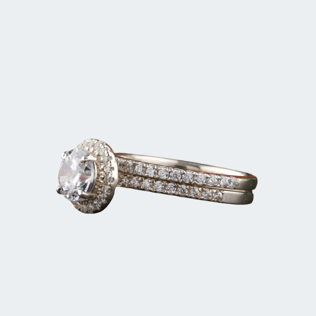 Round Halo Moissanite Engagement Ring Set | Pave Wedding Band