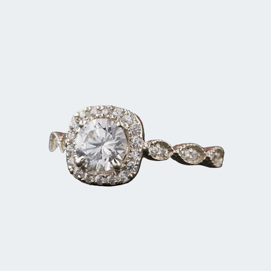 Vintage Style Round Moissanite Halo Engagement Ring | Milgrain Band