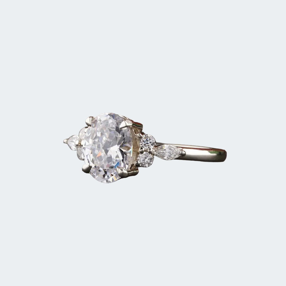 Oval Moissanite Engagement Ring with Marquise Side Stones | Elegant Design