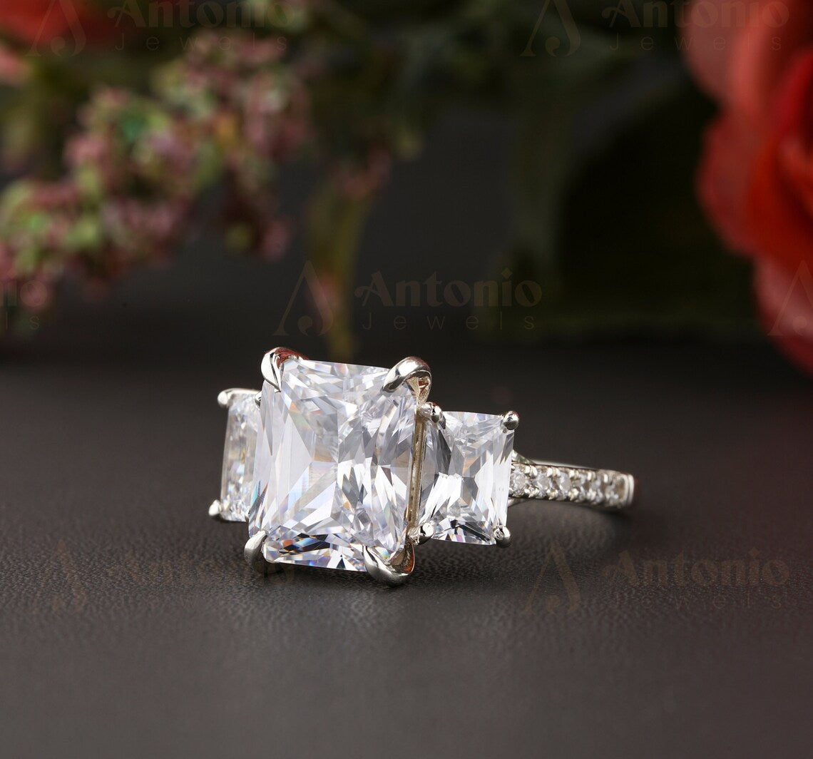 Three Stone Radiant Moissanite Engagement Ring