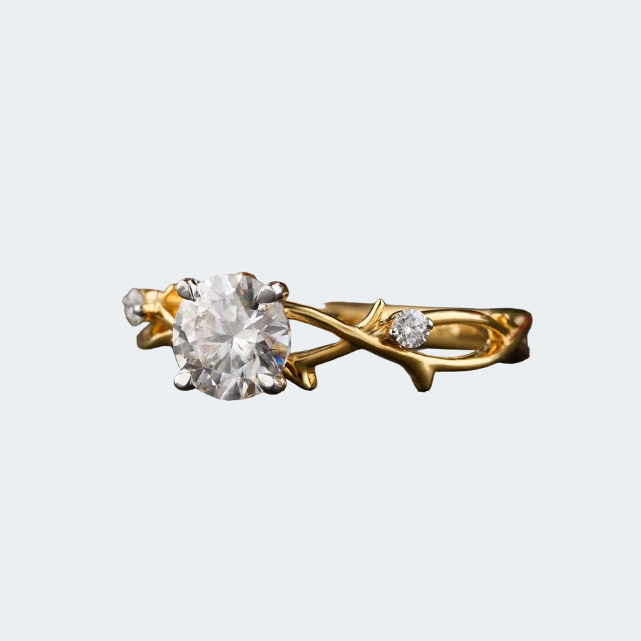 Nature Inspired Round Moissanite Engagement Ring | Yellow Gold Plated Band