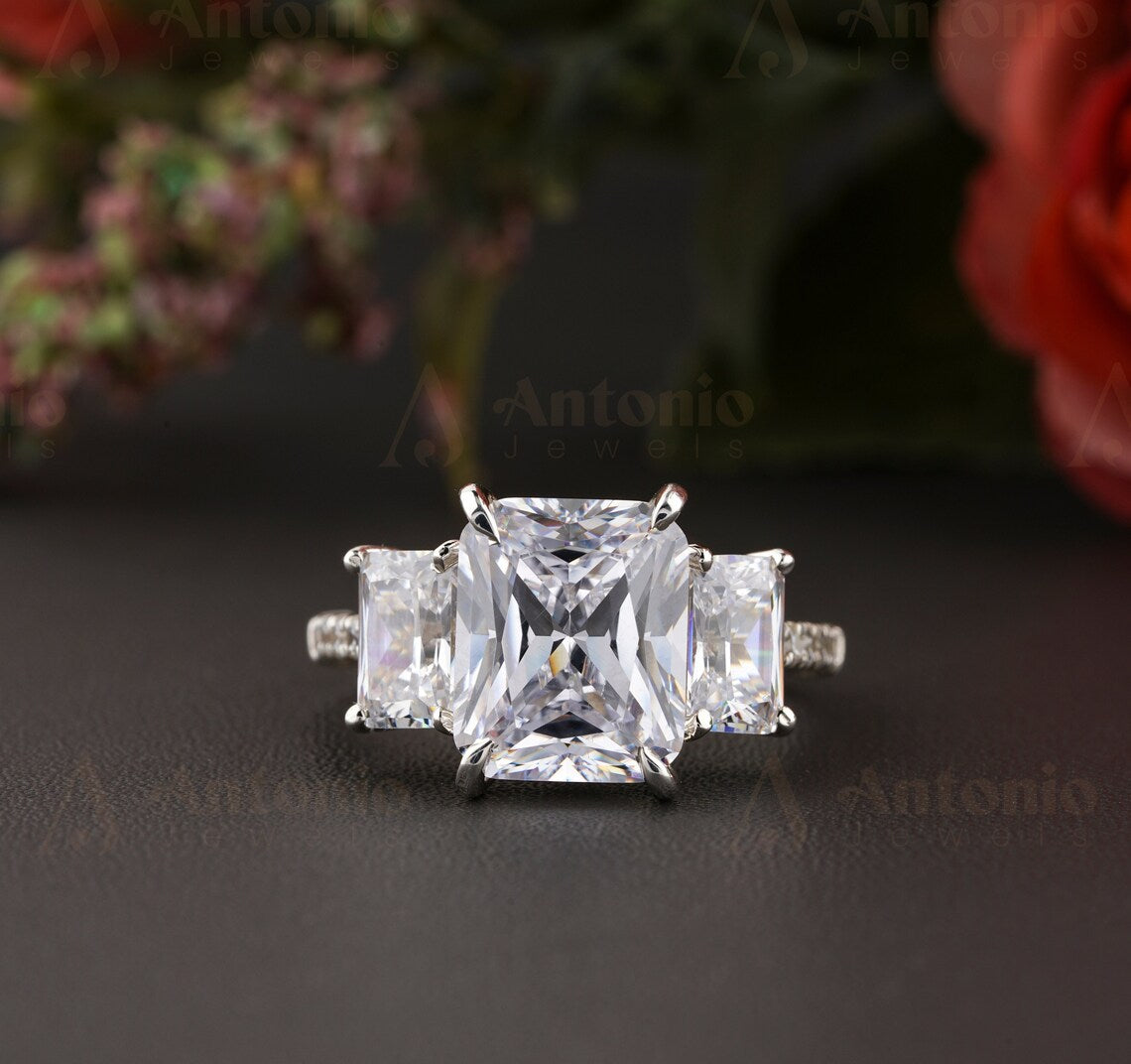 Three Stone Radiant Moissanite Engagement Ring