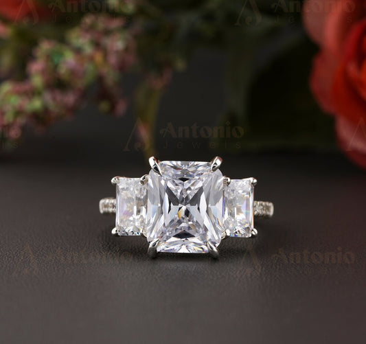 Three Stone Radiant Moissanite Engagement Ring