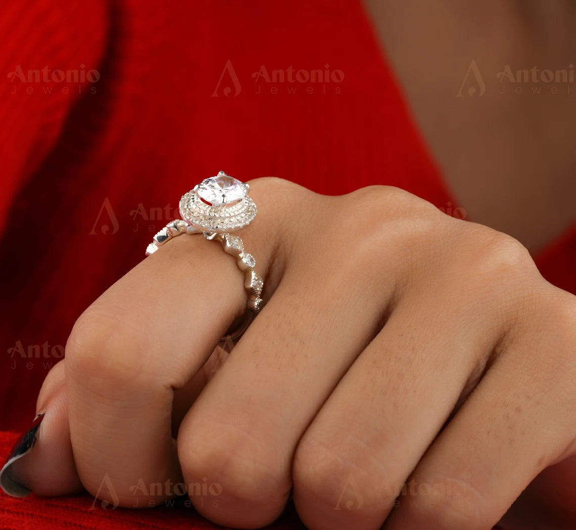 Unique Oval Halo Moissanite Ring