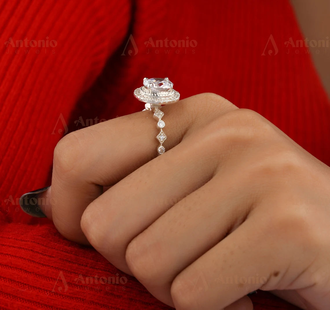 Unique Oval Halo Moissanite Ring