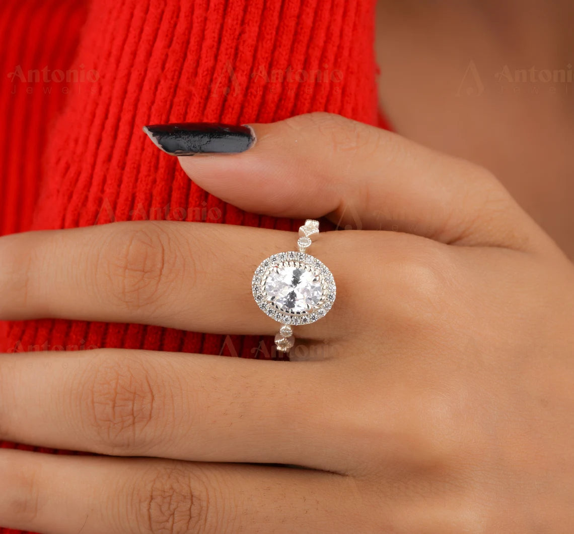 Unique Oval Halo Moissanite Ring