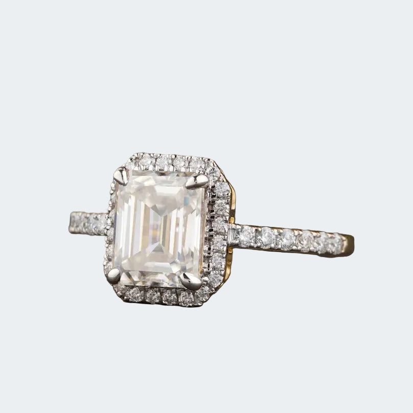Emerald Cut Moissanite Halo Engagement Ring | Pave Diamond Band | Christmas Gift For Her