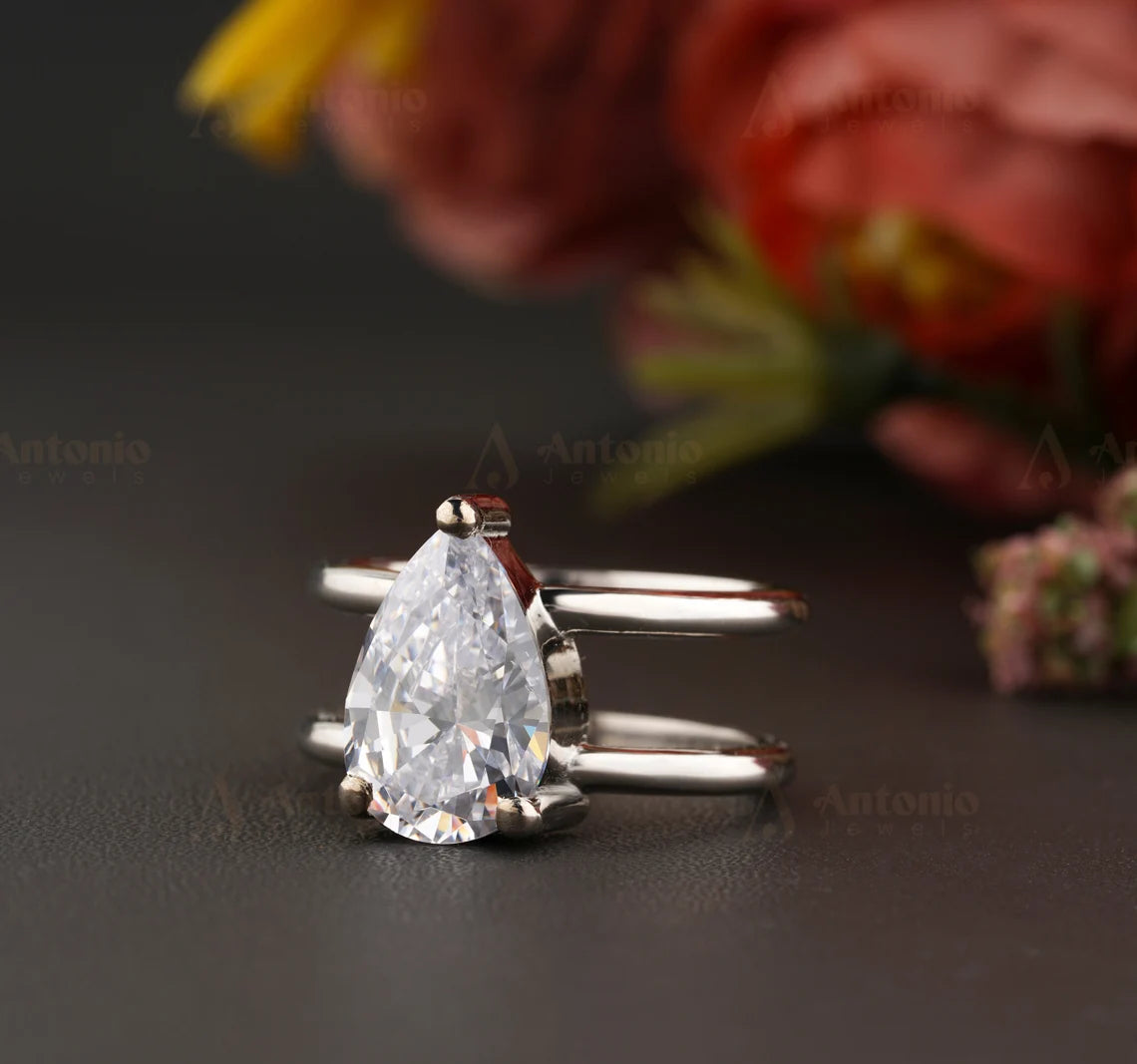 Pear Cut Moissanite Double Band Ring