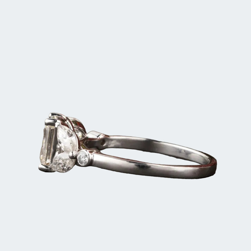 Emerald Cut Moissanite Engagement Ring | Marquise & Round Side Stones