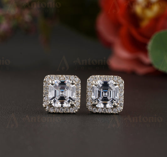 Halo Asscher Moissanite Stud Earrings