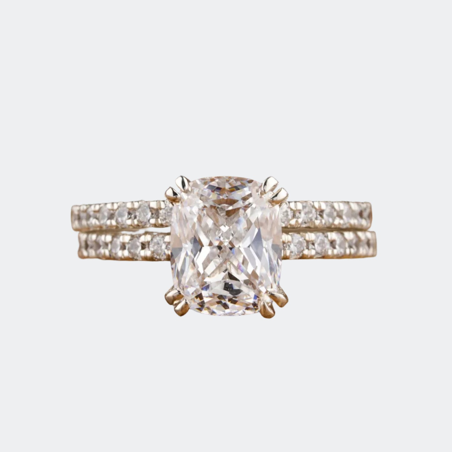 Cushion Cut Lab Grown Diamond Bridal Set | Double Row Pave Diamond Band | 14K White Gold