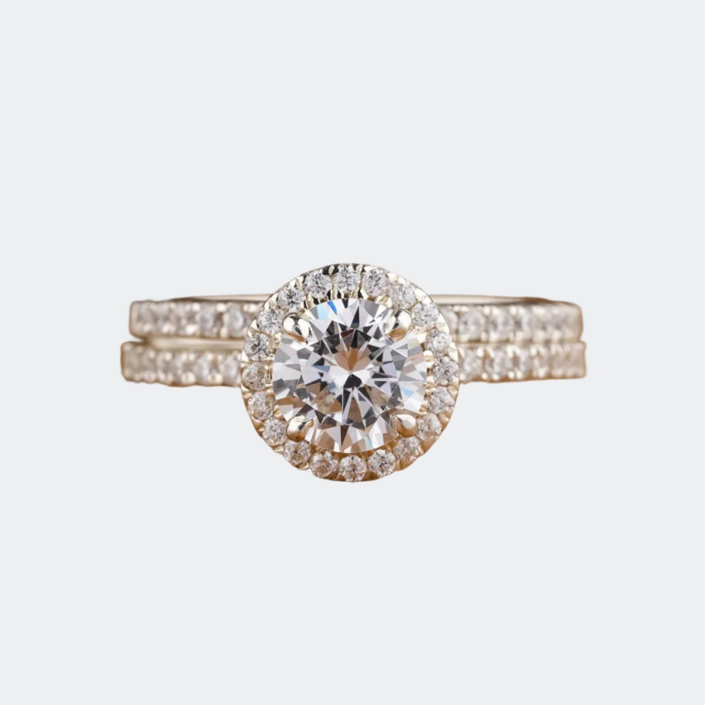 Round Halo Lab Grown Diamond Engagement Ring Set | Diamond Pave Wedding Band