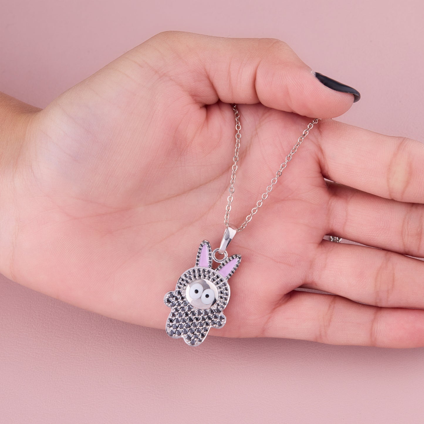 Girls' Bunny Jewelry - Platinum Rabbit Pendant with Black Diamond