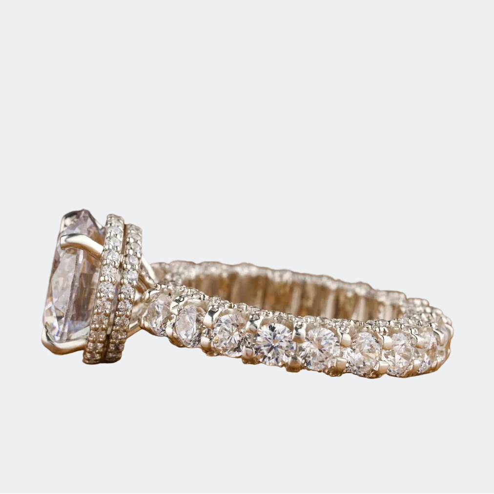 Round Lab Grown Diamond Halo Ring with Triple Row Pave Band | Platinum Christmas Gift For Her