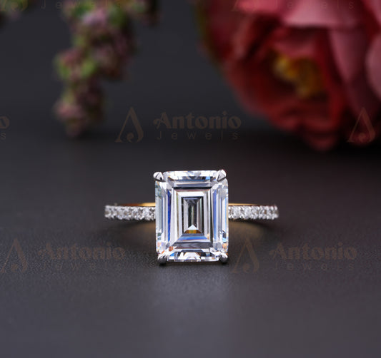 Emerald Cut Moissanite Engagement Ring in 14K Yellow Gold With Halo Set