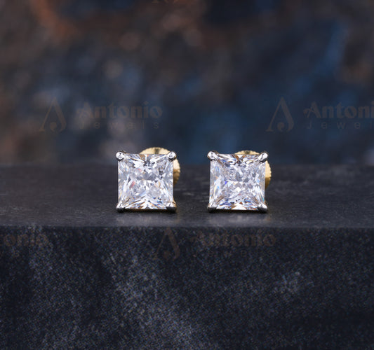 Princess Moissanite Earring, Solid Gold Solitaire Earring For Her