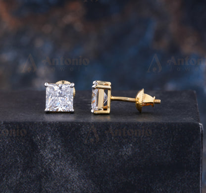 Princess Moissanite Earring, Solid Gold Solitaire Earring For Her